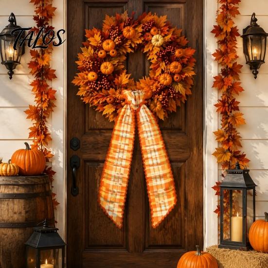 Decorative Door Bow Fall Scalloped Wreath Sash for Front Door, 55 Inch Plaid Gingham Autumn Ribbon Thanksgiving Harvest Yard Porch Doorway Indoor