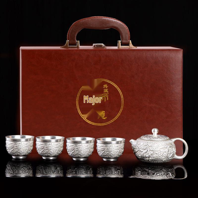 Year of the Dragon Sterling Silver 999 Teapot: Pure Handmade High-End Gongfu Tea Set Souvenir