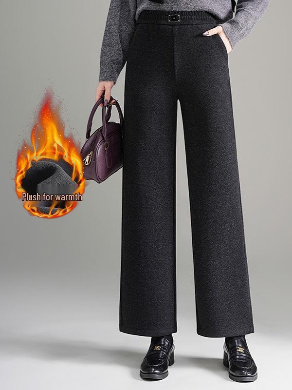 Gui Yang Yang Women's High Waist Wool Pants - Plus Velvet, Thickened, Straight Wide Leg, Autumn/Winter 2025