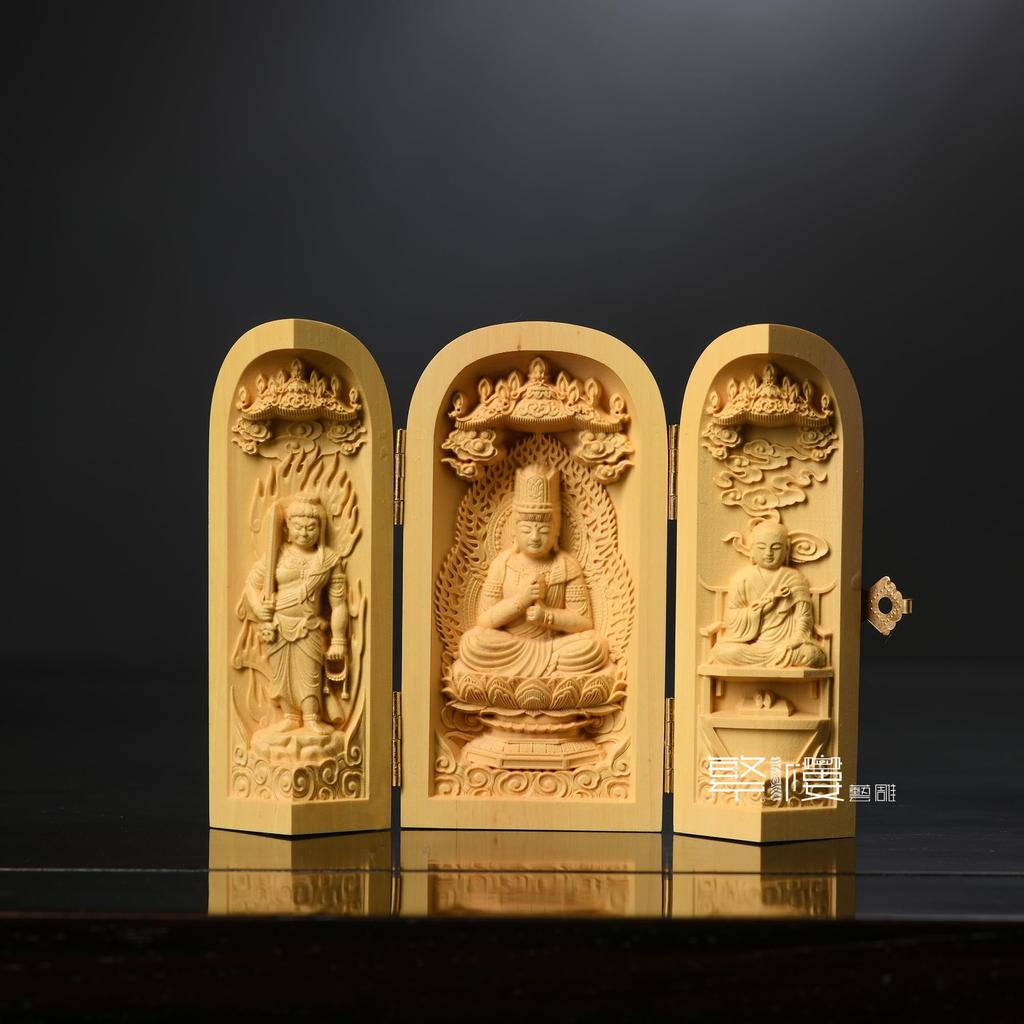 Hanro Holzschnitzerei, Buddhistische Statue, Drei Offene Buddhas, Dainichi Nyorai Triade, Acala, Shingon-Buddhismus, Kobo Daishi, Buddhistischer Altar, Holzschnitzerei,