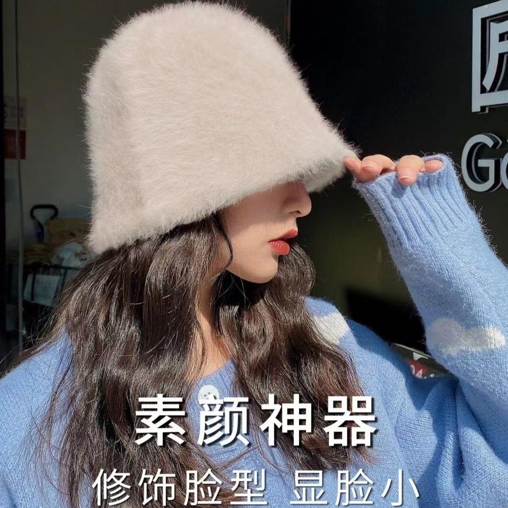 Women's hat for autumn and winter new warm bucket hat, versatile bare-faced face-covering true rabbit fur basin hat, cold-resistant plush bucket hat