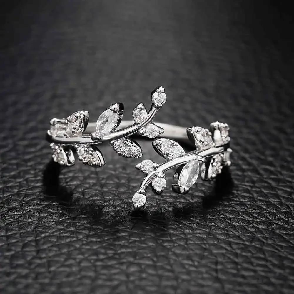 Korean Leaf Design Opening Rings For Women Sparkling Cubic Zirconia CZ Adjustable Ring Party Daily Wear  Jewelry Gift