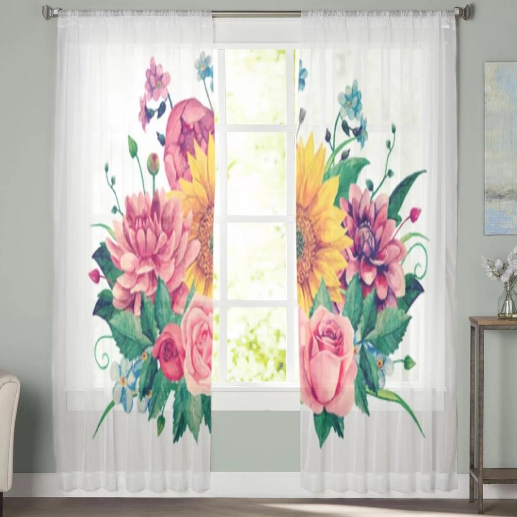 Blumenstrauß Rose Sonnenblume Gardinen für Schlafzimmer Wohnzimmer Tüll Vorhänge für Küche Voile Vorhänge Fensterbehandlung