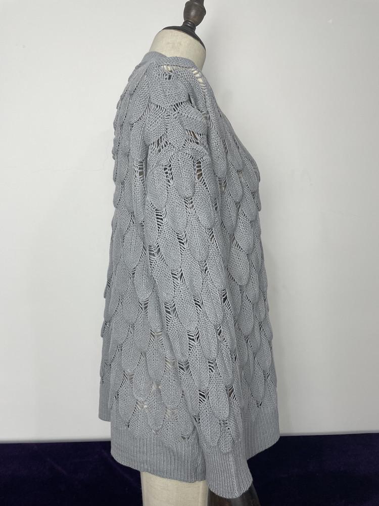 European & American Winter V-neck Hollow Feather Knit Sweater for Women