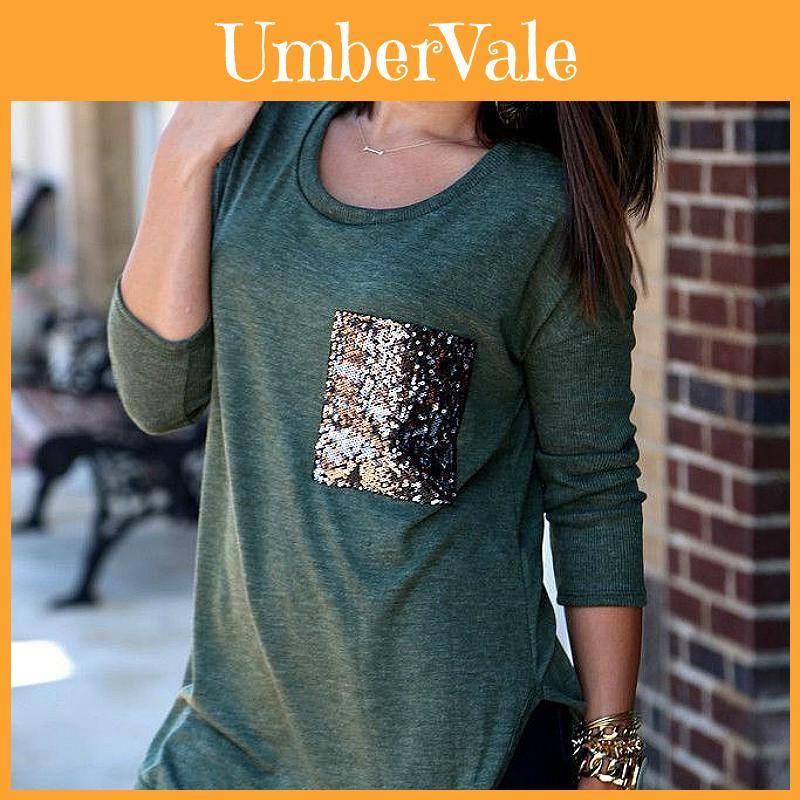 Long Sleeved T-shirt Blouse Pocket Jacket With Elegant Sequin Glitter Design**
