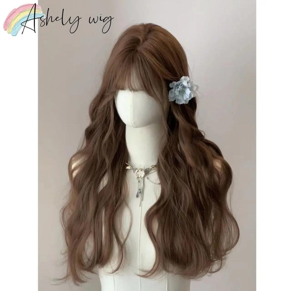 Brown Wig with Bangs Long Curly Wavy Natural Hair for Women 24inch Heat-resistant Fiber Synthetic Wigs Cute Lolita Wig Peruca