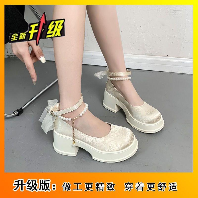 French high heels women's 2025 spring new embroidery printing round head shallow mouth women's shoes single shoes mesh bow