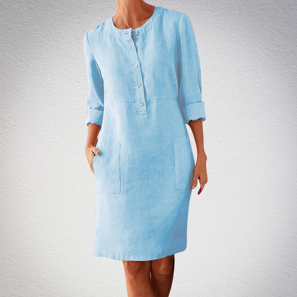 Large Size Women's Cotton and Linen Round Neck Long Sleeved Dress