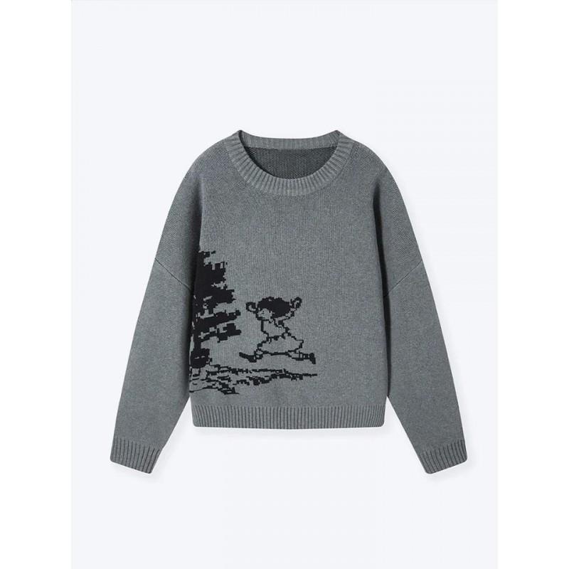 Winter Cartoon Harajuku Style Pullover Sweater Loose Fit Round Neck Knit Top Women