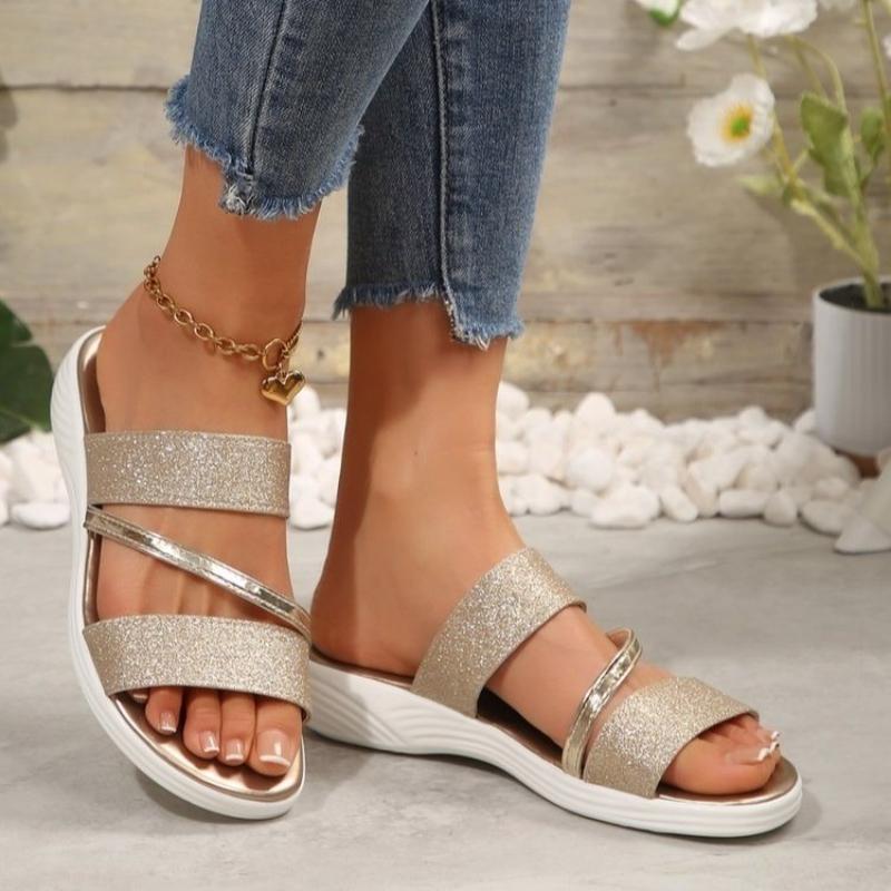 Fashion Causal Summer Women Wedge Sandals Open Toe Flip Flops Custom Glitter Ladies Casual Shoes Outdoor Beach Slippers Ladies Sandals
