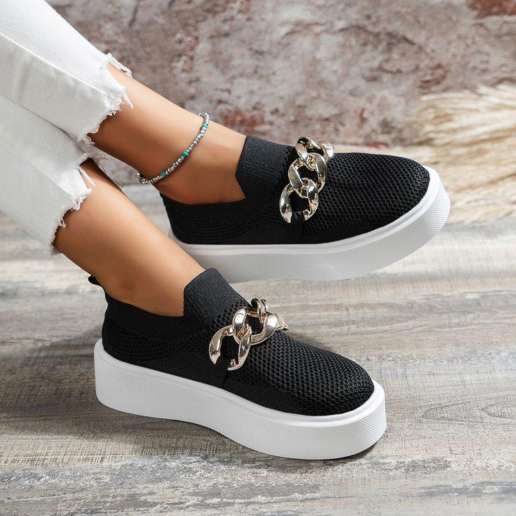 Chunky Sole Fly-Knit Slip-On Loafers with Chain Decoration - Women's Breathable Low-Top Shoes