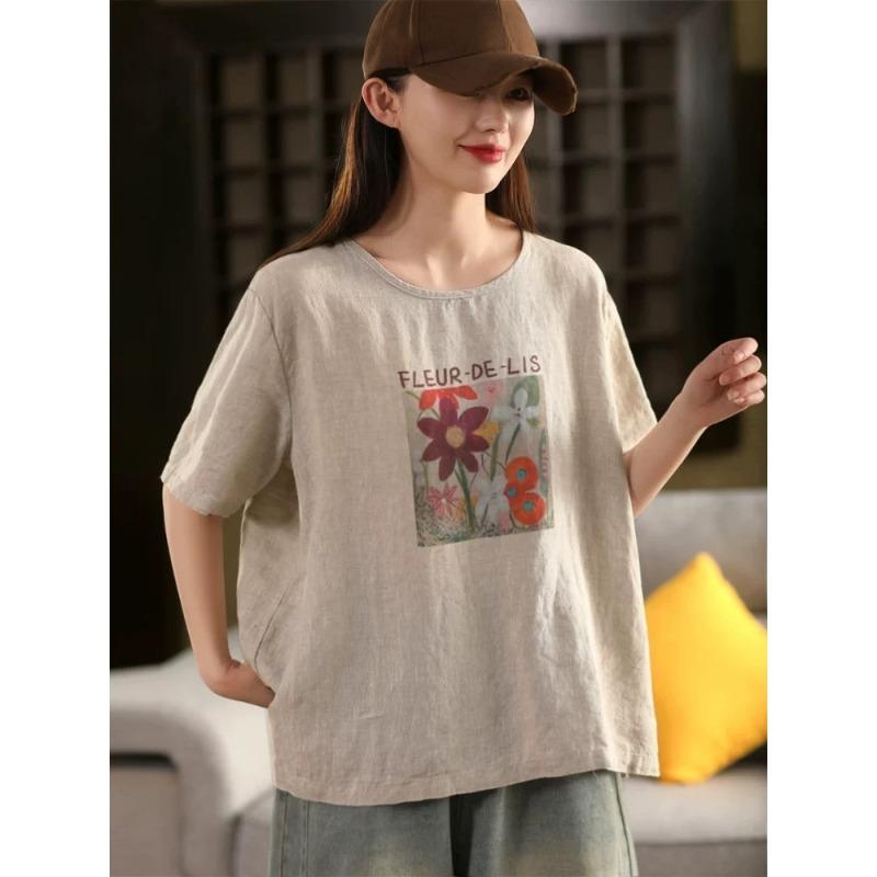 

Dimanaf Летние женские футболки больших размеров 2025, топы с коротким рукавом, футболки свободного кроя с принтом, льняная рубашка M хаки