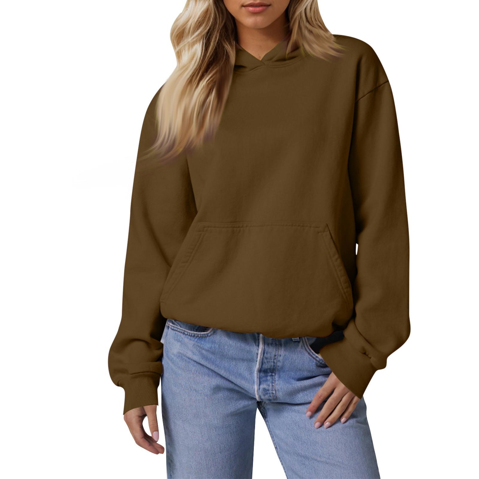 

Женские свободные толстовки с длинными рукавами, блузки, повседневные модные однотонные пуловеры, толстовки с капюшоном, топ с карманом S