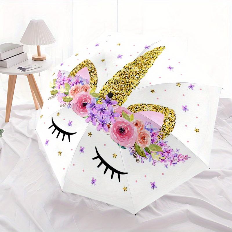 Einhorn, Floral Automatischer Faltregenschirm Einfaches 8-Rippen-Design, Helles Cartoon-Muster, Langlebiger Eisenrahmen, Geeignet für Reisen, Outdoor, Be