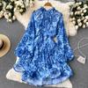 Women's Spring Summer Bohemian Beach Dress Backless Puff Sleeve Flower Print Party Midi Dresses