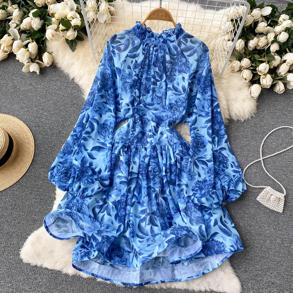 Women's Spring Summer Bohemian Beach Dress Backless Puff Sleeve Flower Print Party Midi Dresses