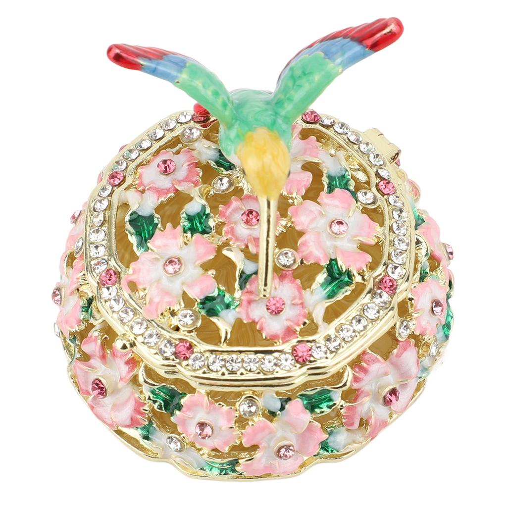 Round Hummingbird Pattern Enameled Jewelry Box Decorative Metal Trinket Box Vintage Jewelry
