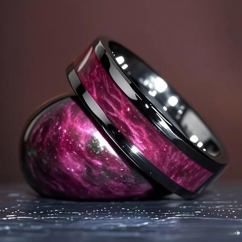 Anéis de Aço Inoxidável Céu Estrelado Roxo 6MM Banda de Casamento Masculina de Alta Qualidade Joia Única Presente Anel Masculino