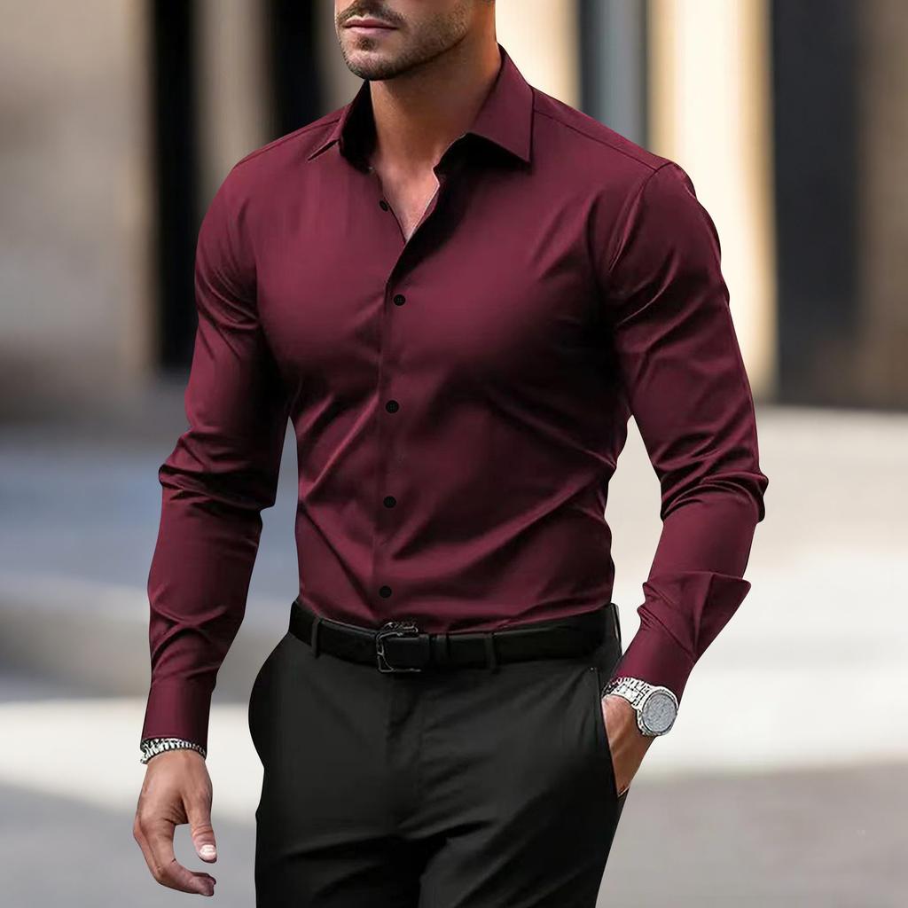 Men's Single Breasted Long Sleeved Lapel Business Casual Slim Fit Shirt