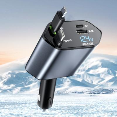 Nabíječka do auta 4 v 1, 120 W rychlé nabíjení, zatahovací kabel, 2 USB porty, kompatibilní se všemi vozidly Dual TYPE-C