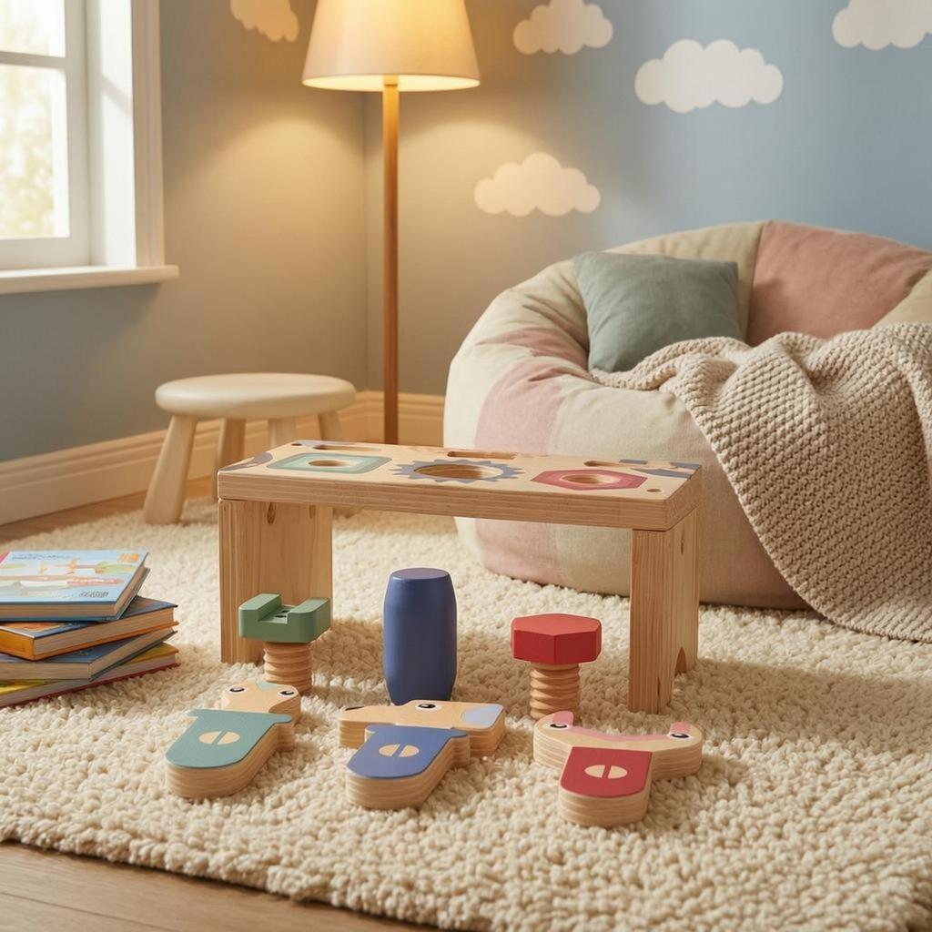 Tool Table Toy Cutout Holes Wooden Balance Printed Shapes