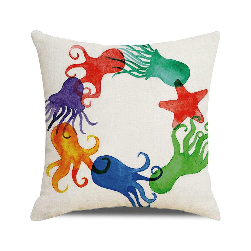 Watercolor Illustration of Octopus Squid Digital Printing Short Plush Pillow Covers for Car Sofa Office Cushion Cover Home Goods