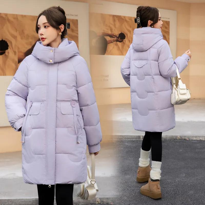 Women's Winter Mid-Length Thickened Warm Hooded Casual Solid-Color Jacket with Large Pockets