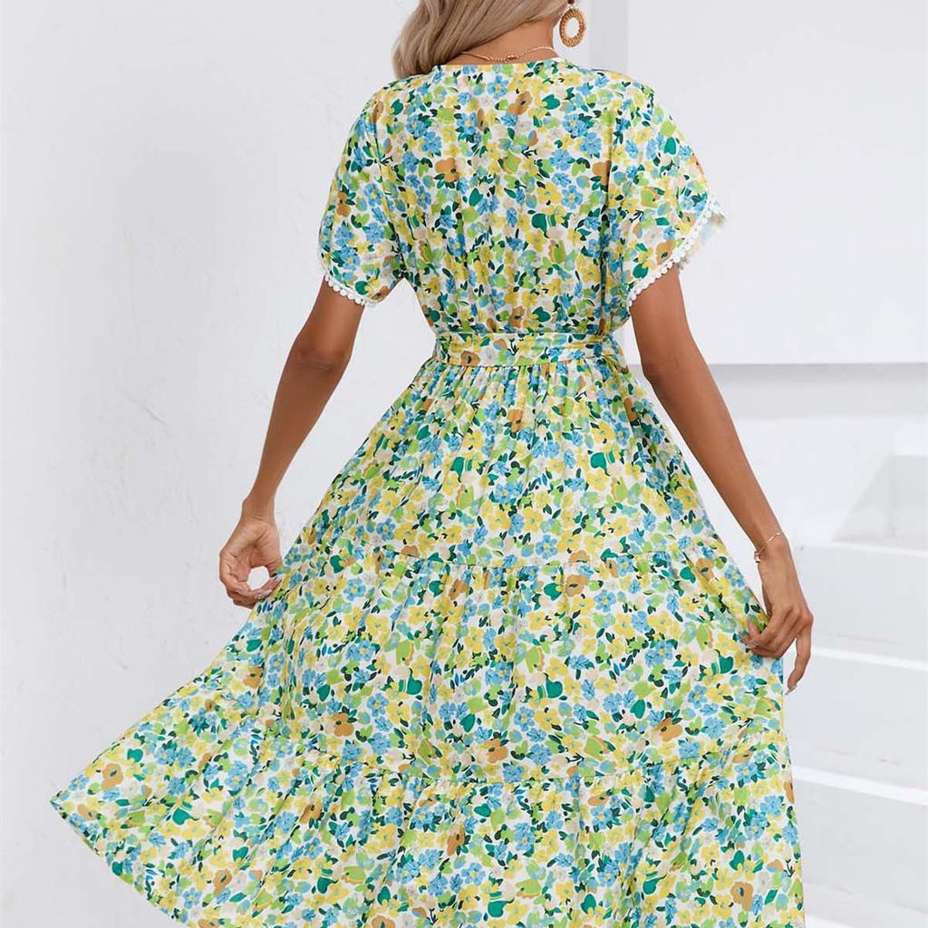 QICED Women's Fashion Summer Spring Floral Print Short Sleeve V-Neck Casual Dresses