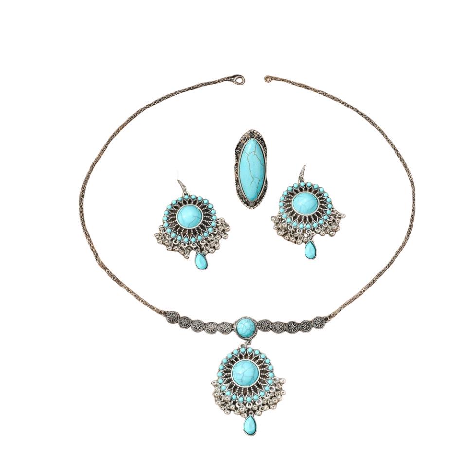 Retro Ethnic Turquoise Bohemian Earrings, Rings, and Necklace Set for Women