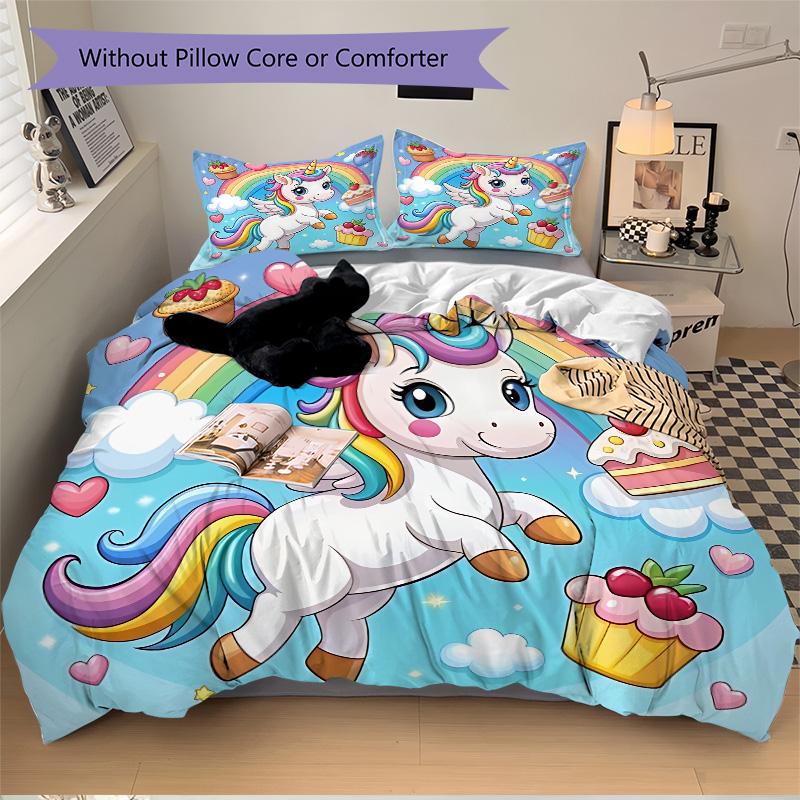 Rainbow Unicorn Fantasy Print 3Pcs Bedding Setduvet Cover With 2 Bedropillowcase Home Birthday Gift