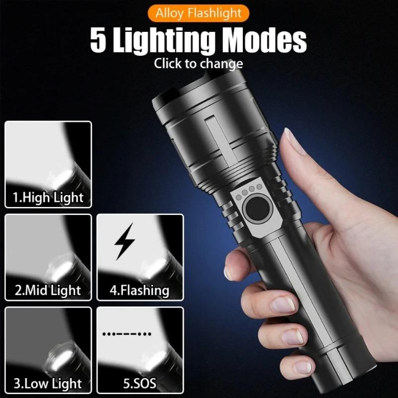 Rechargeable Zoomable Flashlight with Flame Ignition White Laser Core 4 Level Power Indicator Fresnel Lens for Outdoor Camping