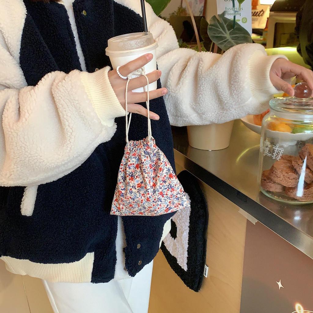 Retro Floral Corduroy Drawstring Bag - Small, Dustproof Organizer for Cosmetics, Jewelry, Stationery