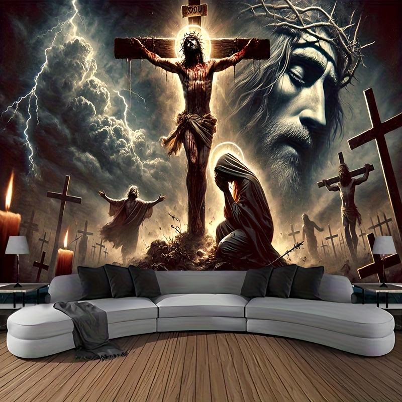 Jesus Christ Crucifixion Tapestry, Dramatic Cross Lightning Wall Art, Peach Beige Religious Tapestry for Bedroom Living Room 100X70CM
