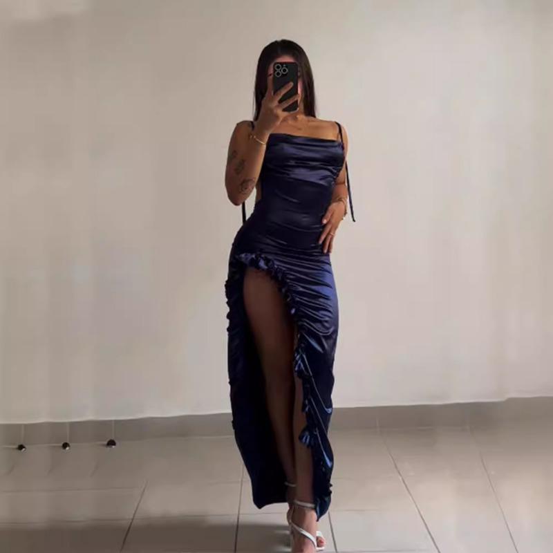 Fashion Sexy Backless Women Suspender Dress Elegant Ruffled Side Slit Loose Slim A-line Party Club Dresses Irregular Female Lace-up Pleated Clothing