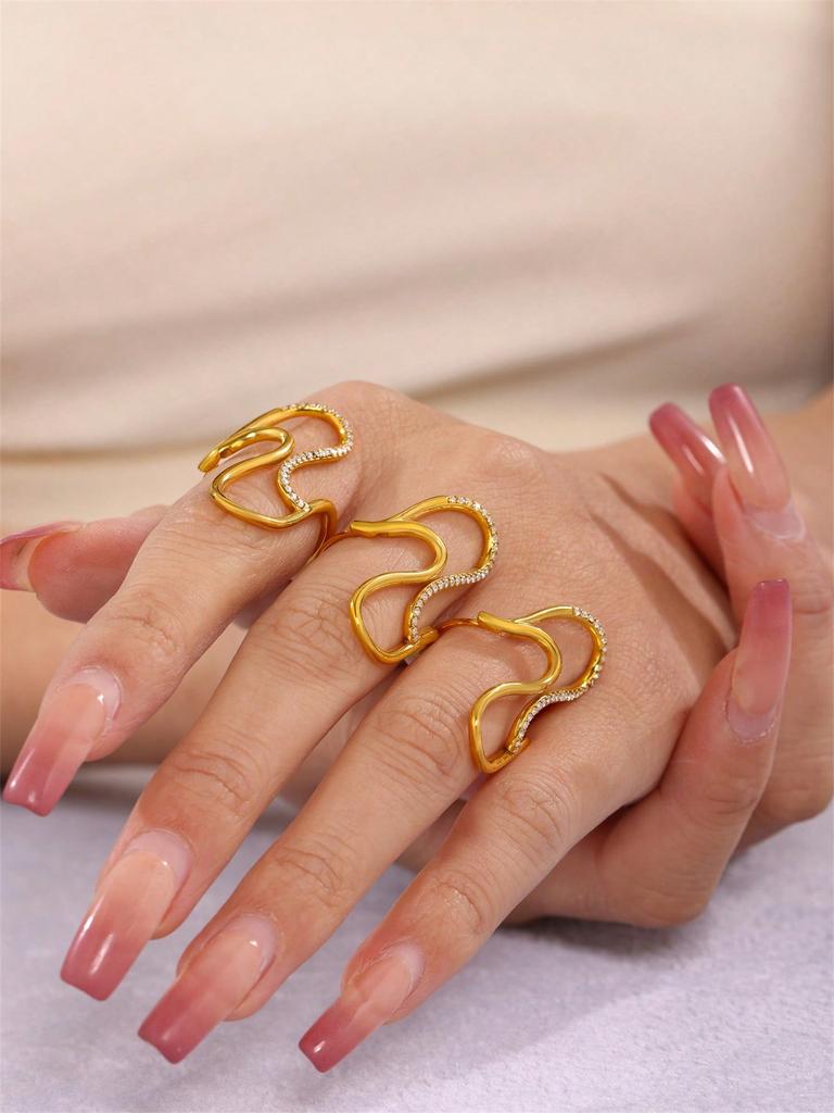 1 Fashion Niche High-end Exaggerated Stainless Steel 18K Gold Plated S-Wire Diamonds Open End Women's Ring