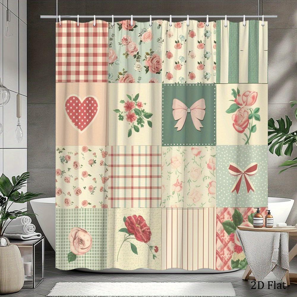 Patchwork Floral Hearts And Bows Shower Curtain Machine Washable All Season Waterproof Privacy Protection Vintage Designcottage