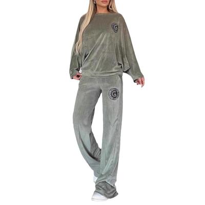 Women's Sets Gold Velvet Solid Color Round Neck Bat Sleeves Embroidered Pattern Top Casual Trousers