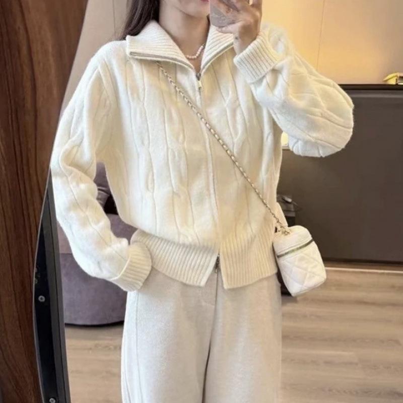 Solid Color High Neck Cable Knit Cardigan Sweater with Double Zipper for Women