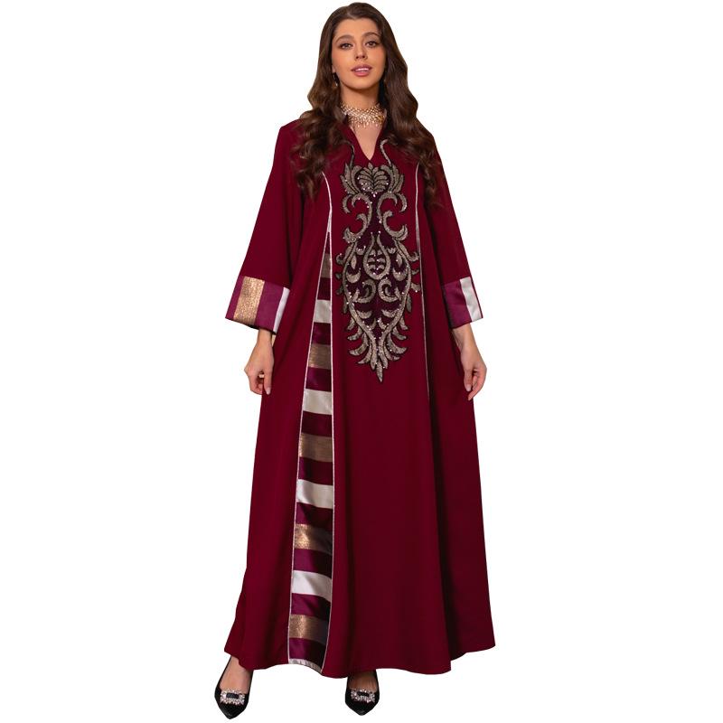 AB052 Women's Embroidered Striped Abaya - Middle East Arabic Muslim Robe
