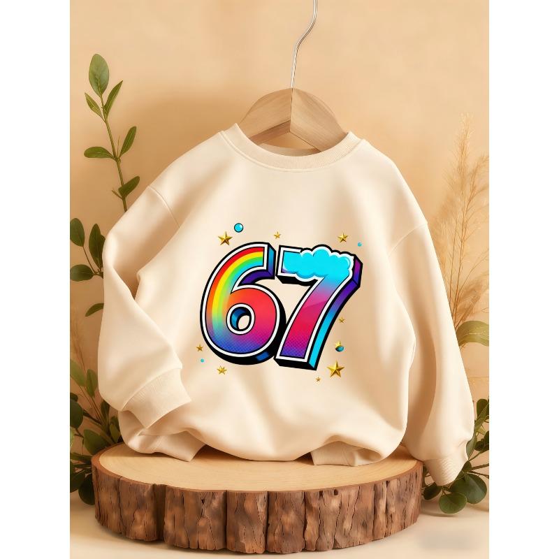 Kids Unisex Crewneck Sweatshirt, Rainbow Gradient 3D 67 Cloud Star Print Long Sleeve Pullover, Casual Sweatshirt for Boys Girls Over 4 Years Old
