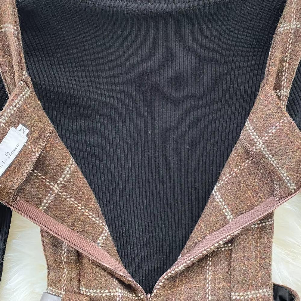 Dvoudílné šaty s kostkovaným páskem Dámské podzimní zima se stojáčkem pletený top s dlouhým rukávem Vlněné šaty ve vintage stylu Sladké šaty do A