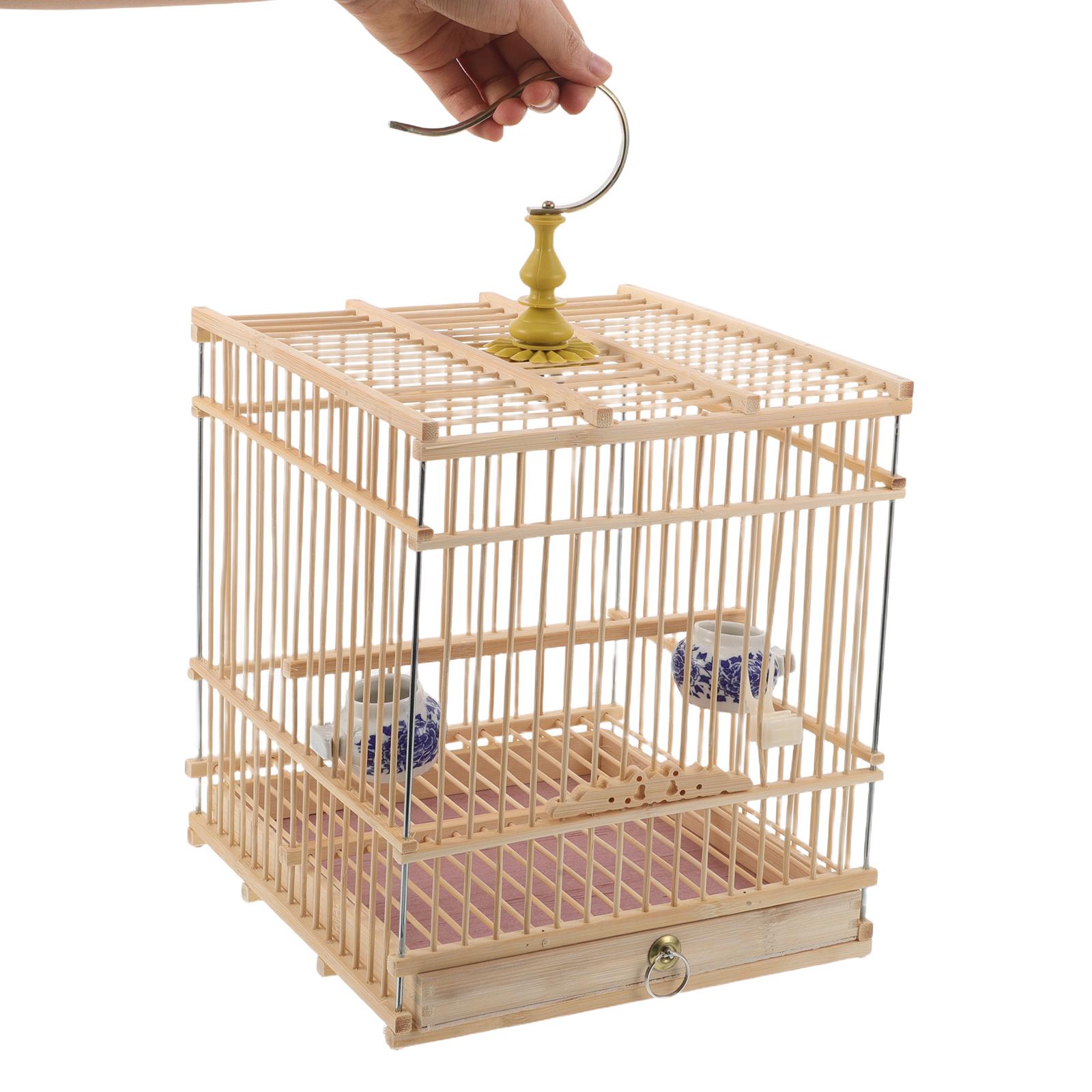 Bamboo Bird Cage Rectangular Carbonized Purple Finish Hanging Hook for Small Birds Habitat Decorative Outdoor Indoor Use beige