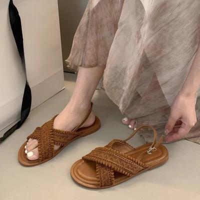 2025 Women Sandals Ladies Flat Roma Heels Knitted Summer Sandals Outside Cross Tied Leather Female Slides Woman Sandals