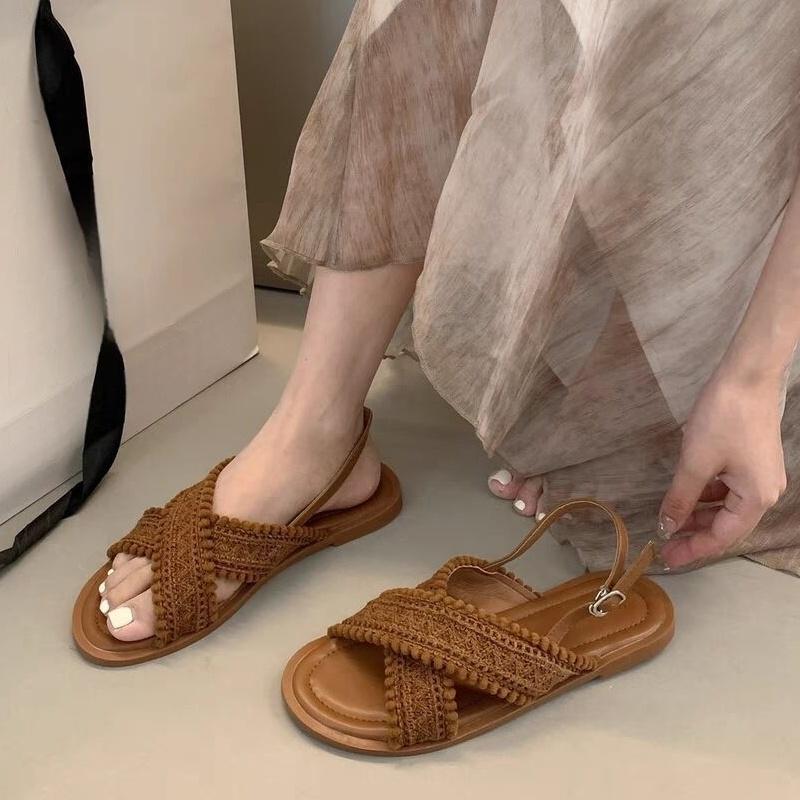 Fashion 2025 Fashion Women Sandals Ladies Flat Roma Heels Knitted Summer Sandals Outside Cross Tied Leather Female Slides Woman Sandals
