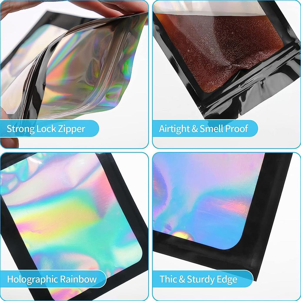 Holographic Mylar Storage Bags - Airtight, Smell Proof, 3D Rainbow Sealable Pouches with Strong Lock Zipper,Thick & Sturdy Edge