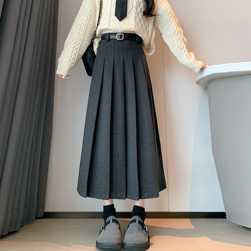 Women's Autumn and Winter Skirt, Thickened High Waist, Slim Woolen Pleated Skirt, Belt, Khaki Versatile Retro Midi Skirt