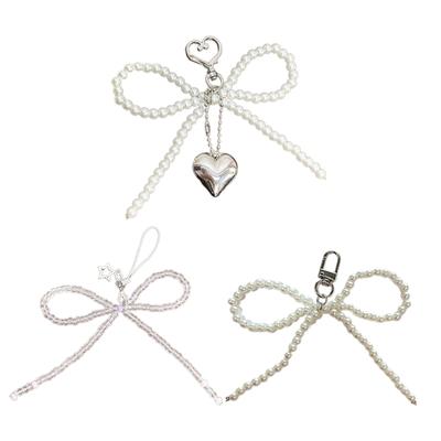 Elegant Keychain with Heart Pendant Fashionable and Practical Bead Bowknot Keyring Key Charm for Bag Decoration