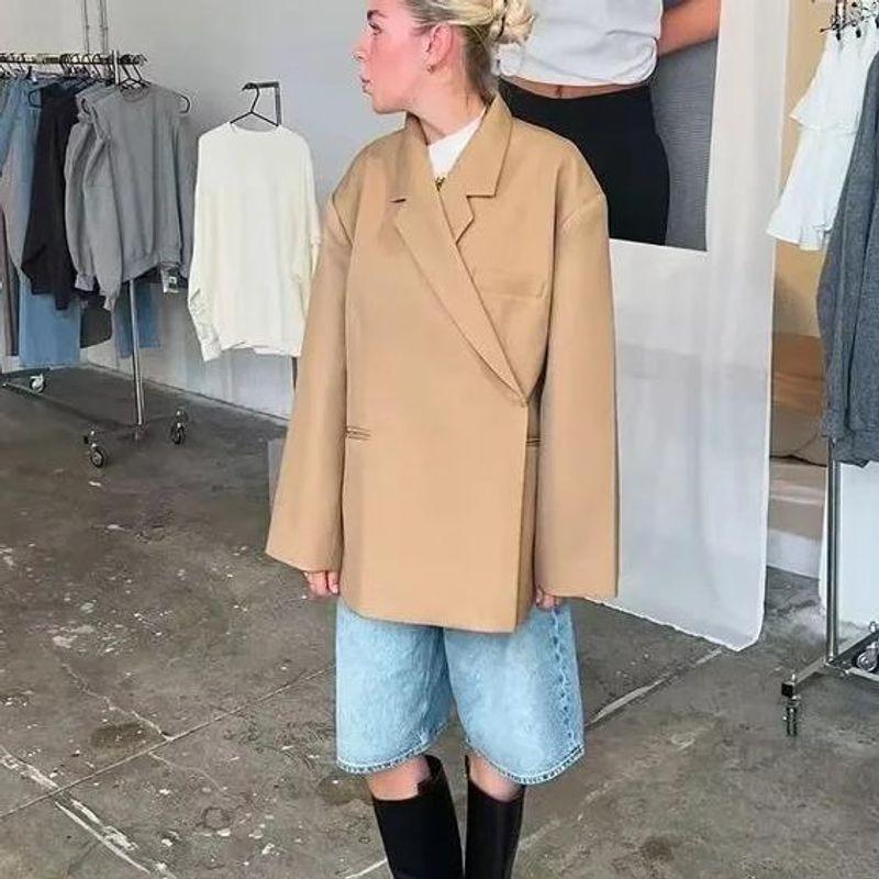 Spring New Arrival Women's European and American Leisure Side Slit Lapel Loose Oversize Double Breasted Suit Outwear