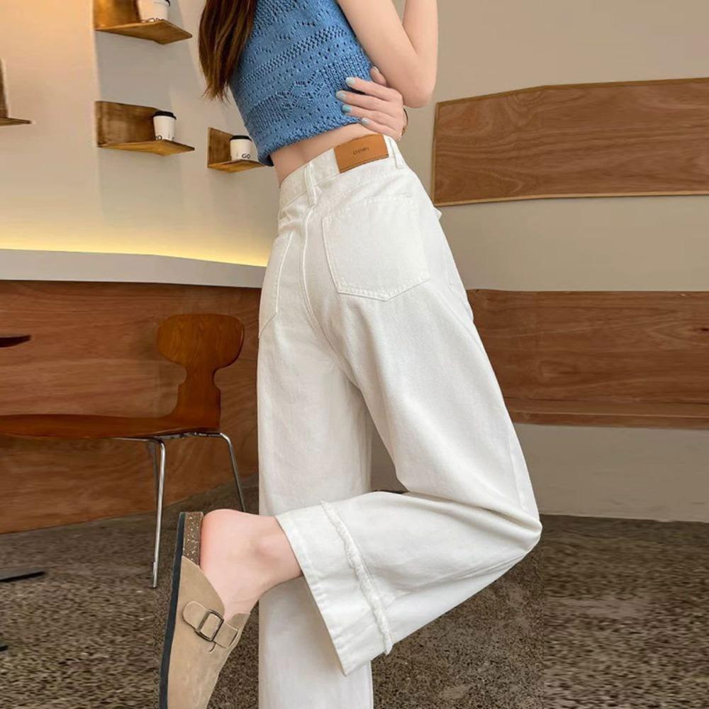 Women's High Waist Straight Leg Ankle Jeans Solid White Apricot Vintage Washed No Stretch Loose Wide Leg Nine Minutes Denim Trousers