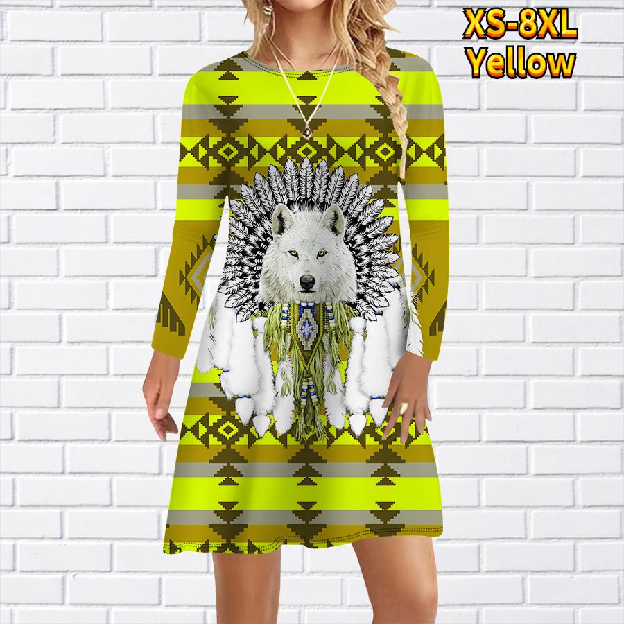 Lässiges Kleid für Damen mit Wolfsstamm-Print, Kleider für Damen, O-Ausschnitt, kurzärmelig, Übergröße